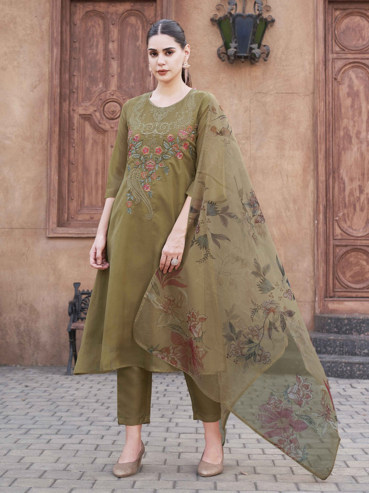 Olive-Organza-With-Printed-Dupatta-A-Line-3-Piece-Kurta-Set