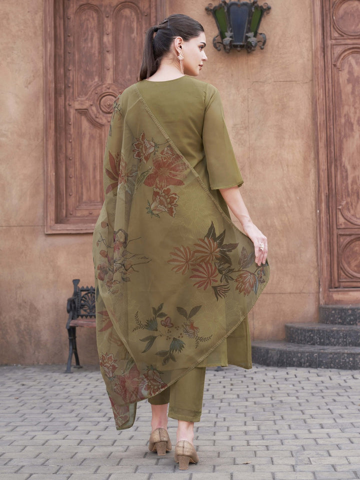 Olive-Organza-With-Printed-Dupatta-A-Line-3-Piece-Kurta-Set