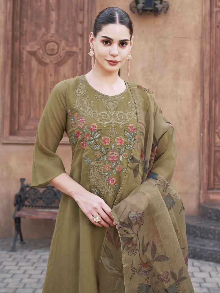 Olive-Organza-With-Printed-Dupatta-A-Line-3-Piece-Kurta-Set
