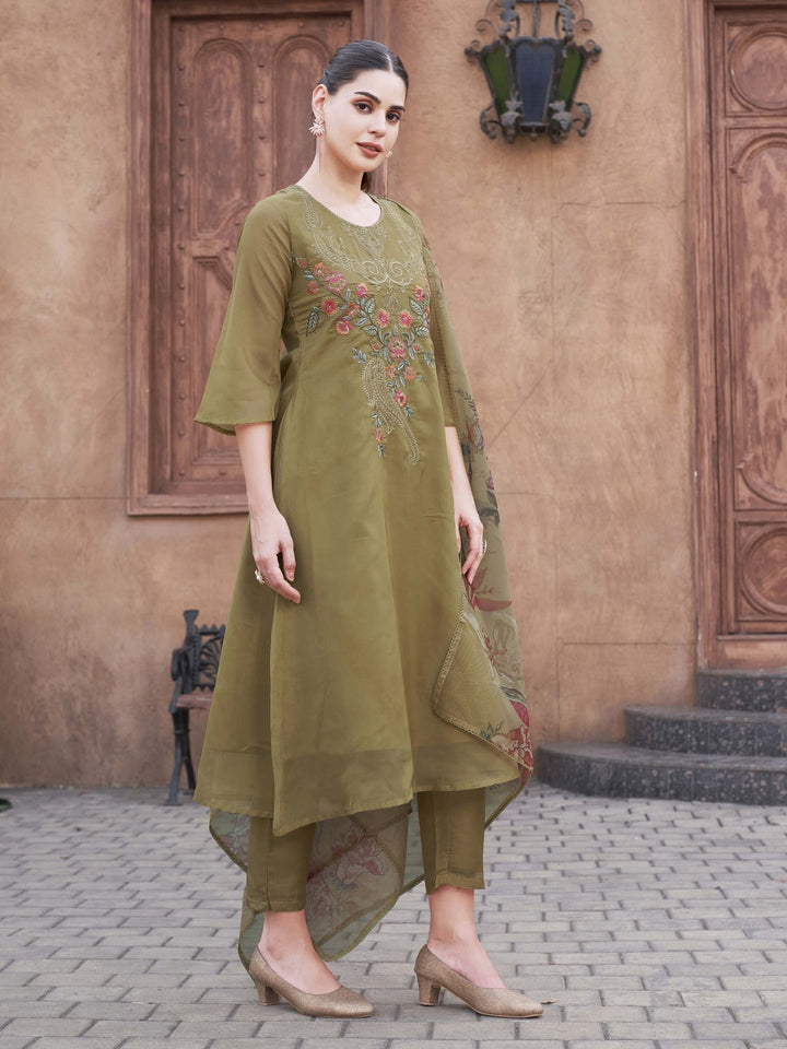 Olive-Organza-With-Printed-Dupatta-A-Line-3-Piece-Kurta-Set