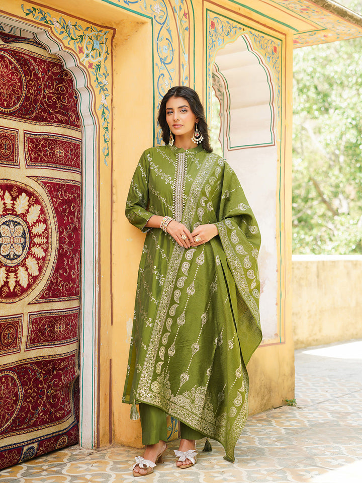 Olive-Silk-Blend-Floral-Printed-3-Piece-Kurta-Set