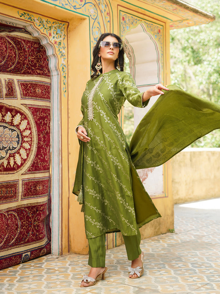 Olive-Silk-Blend-Floral-Printed-3-Piece-Kurta-Set
