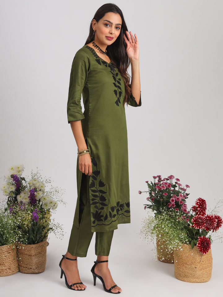 Olive-Silk-Blend-Lace-Work-Embroidered-Kurta-Set