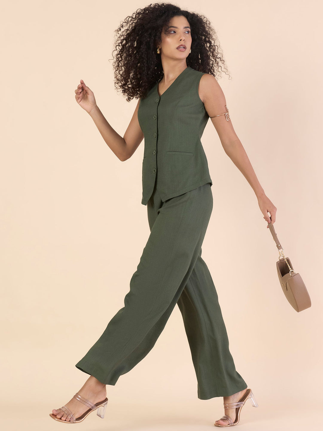 Olive-Viscose-Linen-Sleeveless-Straight-Fit-Co-Ord-Set