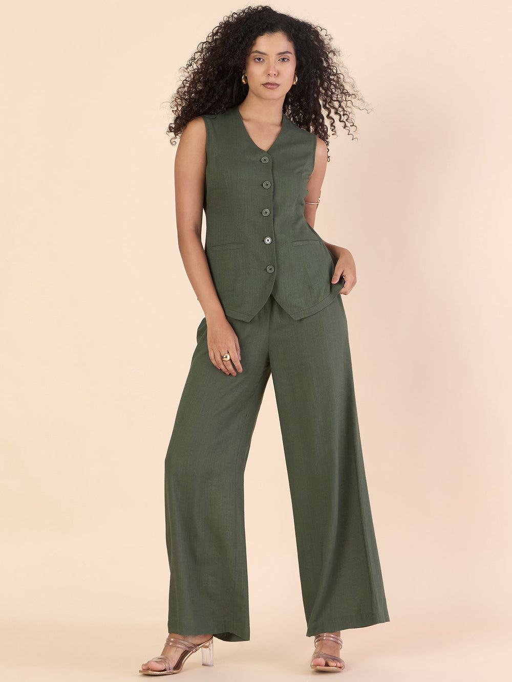 Olive-Viscose-Linen-Sleeveless-Straight-Fit-Co-Ord-Set