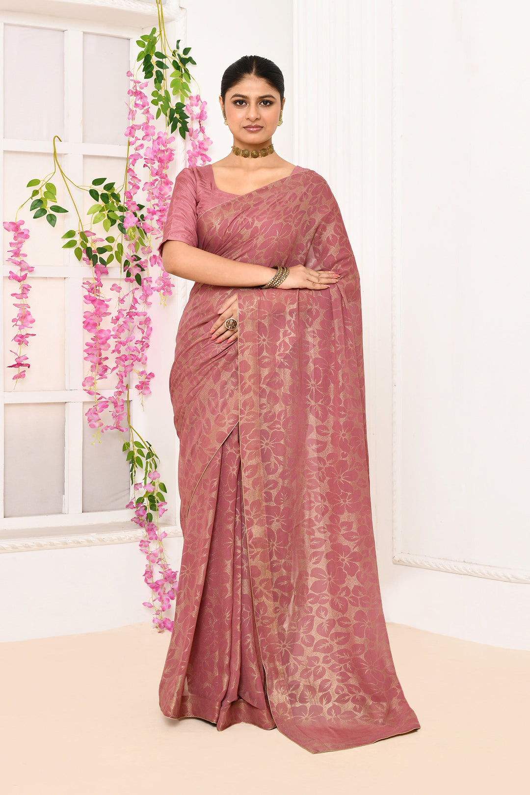 ZERESOUQ-Onion-Pink-Chiffon-Tissue-Saree-With-Golden-Self-Print