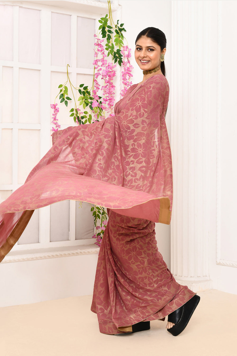 ZERESOUQ-Onion-Pink-Chiffon-Tissue-Saree-With-Golden-Self-Print