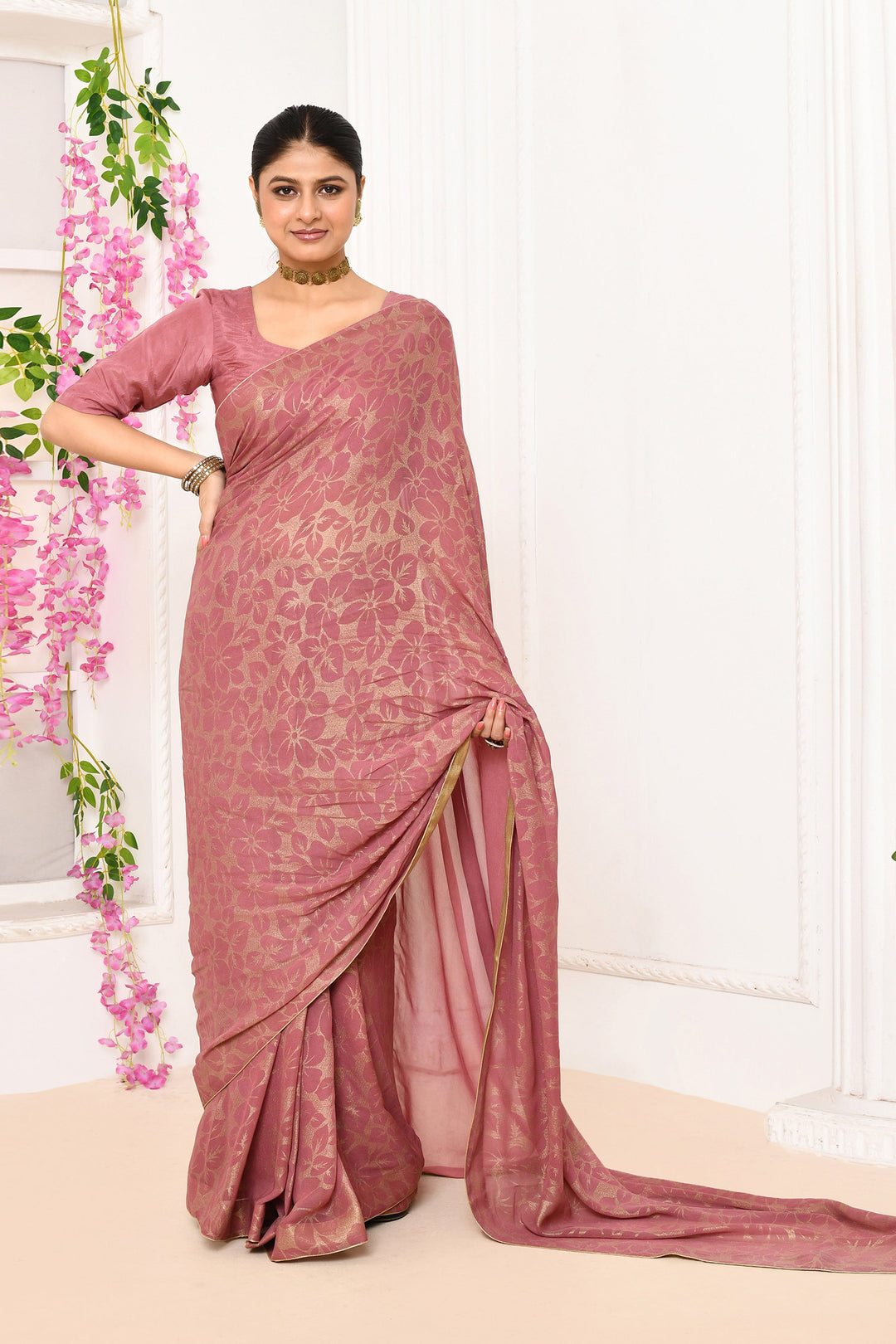 ZERESOUQ-Onion-Pink-Chiffon-Tissue-Saree-With-Golden-Self-Print