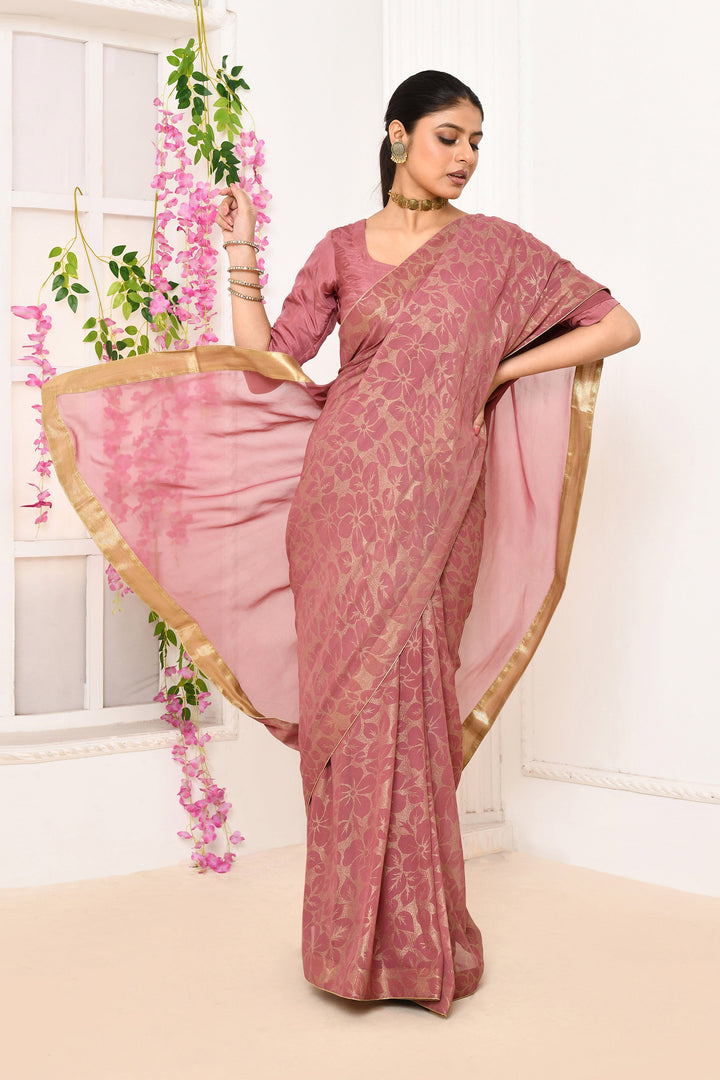ZERESOUQ-Onion-Pink-Chiffon-Tissue-Saree-With-Golden-Self-Print