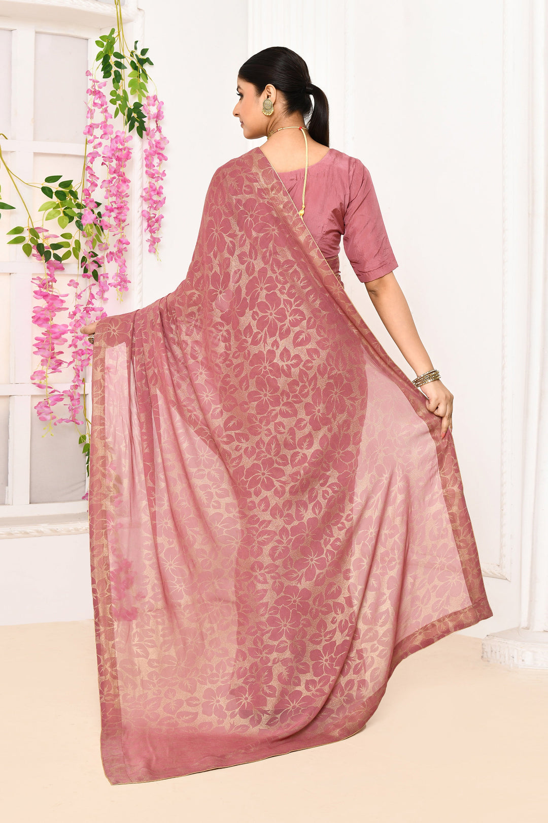 ZERESOUQ-Onion-Pink-Chiffon-Tissue-Saree-With-Golden-Self-Print