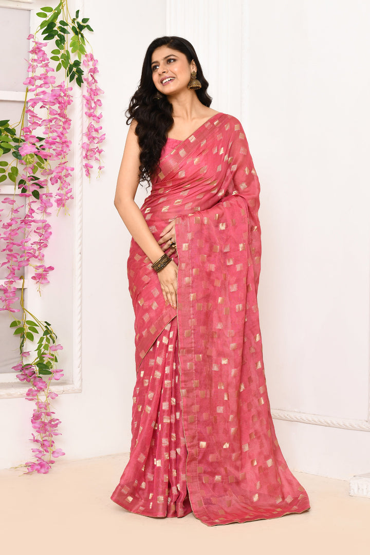 Onion-Pink-Jute-Upada-Golden-Checker-Pattern-Saree