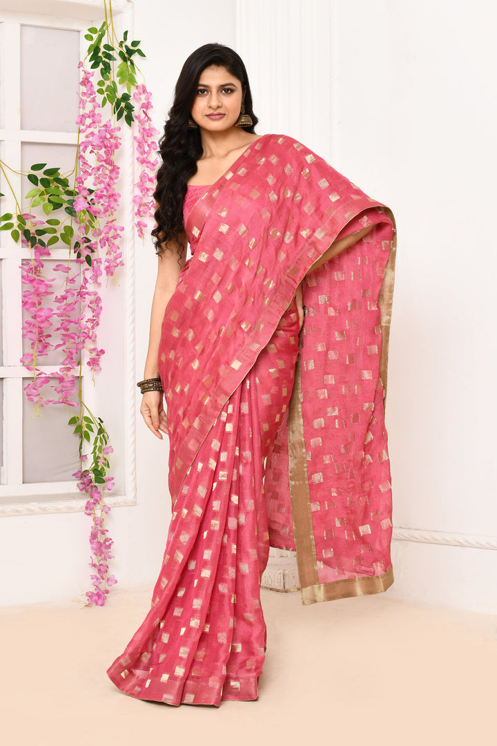 Onion-Pink-Jute-Upada-Golden-Checker-Pattern-Saree