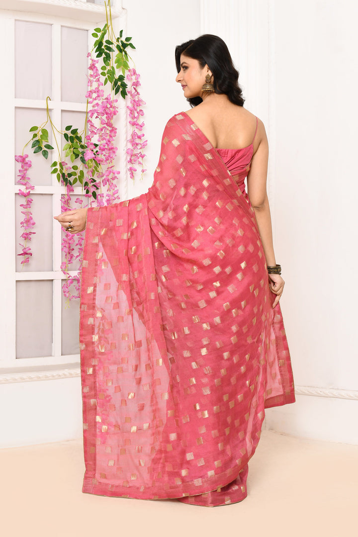 Onion-Pink-Jute-Upada-Golden-Checker-Pattern-Saree