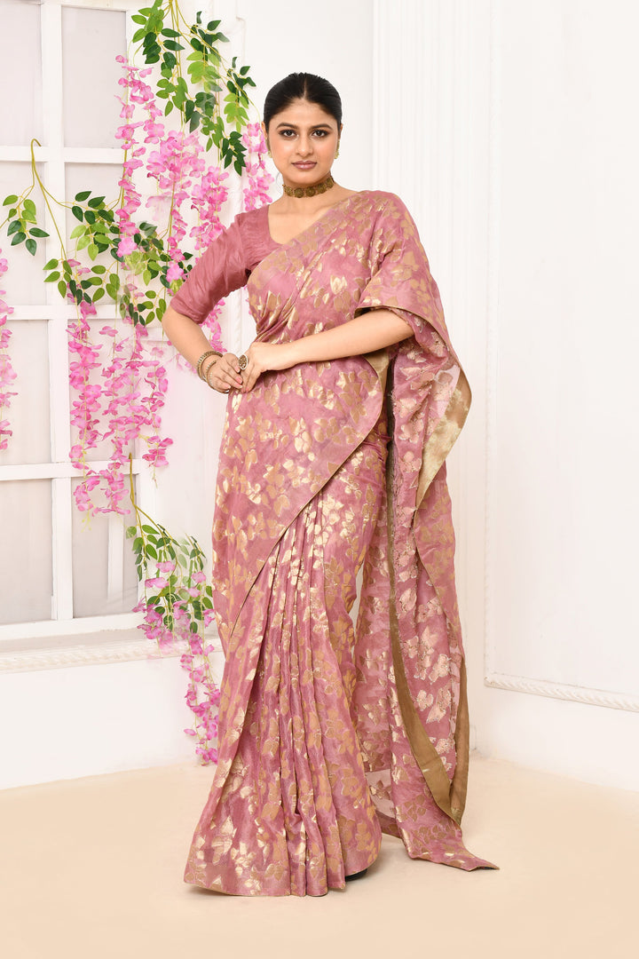 Onion-Pink-Jute-Upada-Golden-Leaf-Pattern-Saree