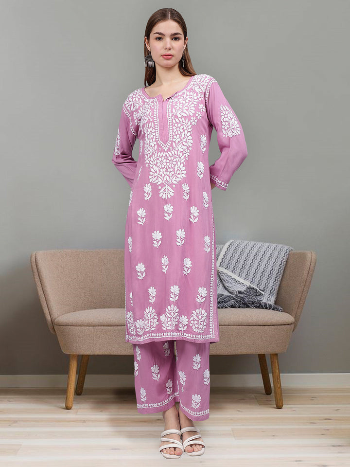 Onion-Pink-Rayon-Embroidered-Chikankari-2-Piece-Kurta-Set