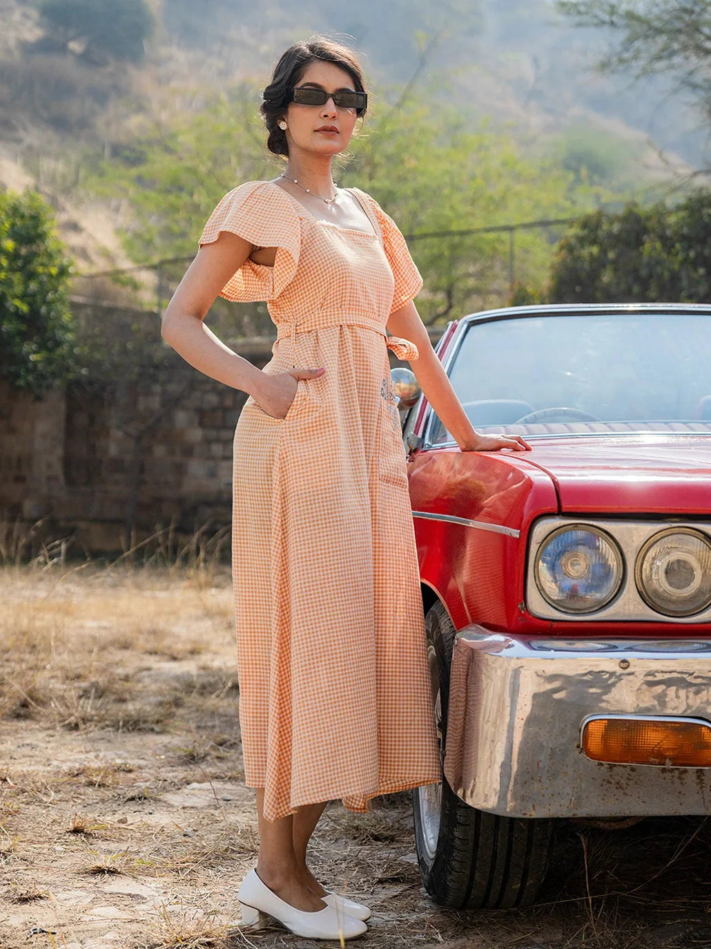 Orange-&-White-Checked-A-Line-Dress