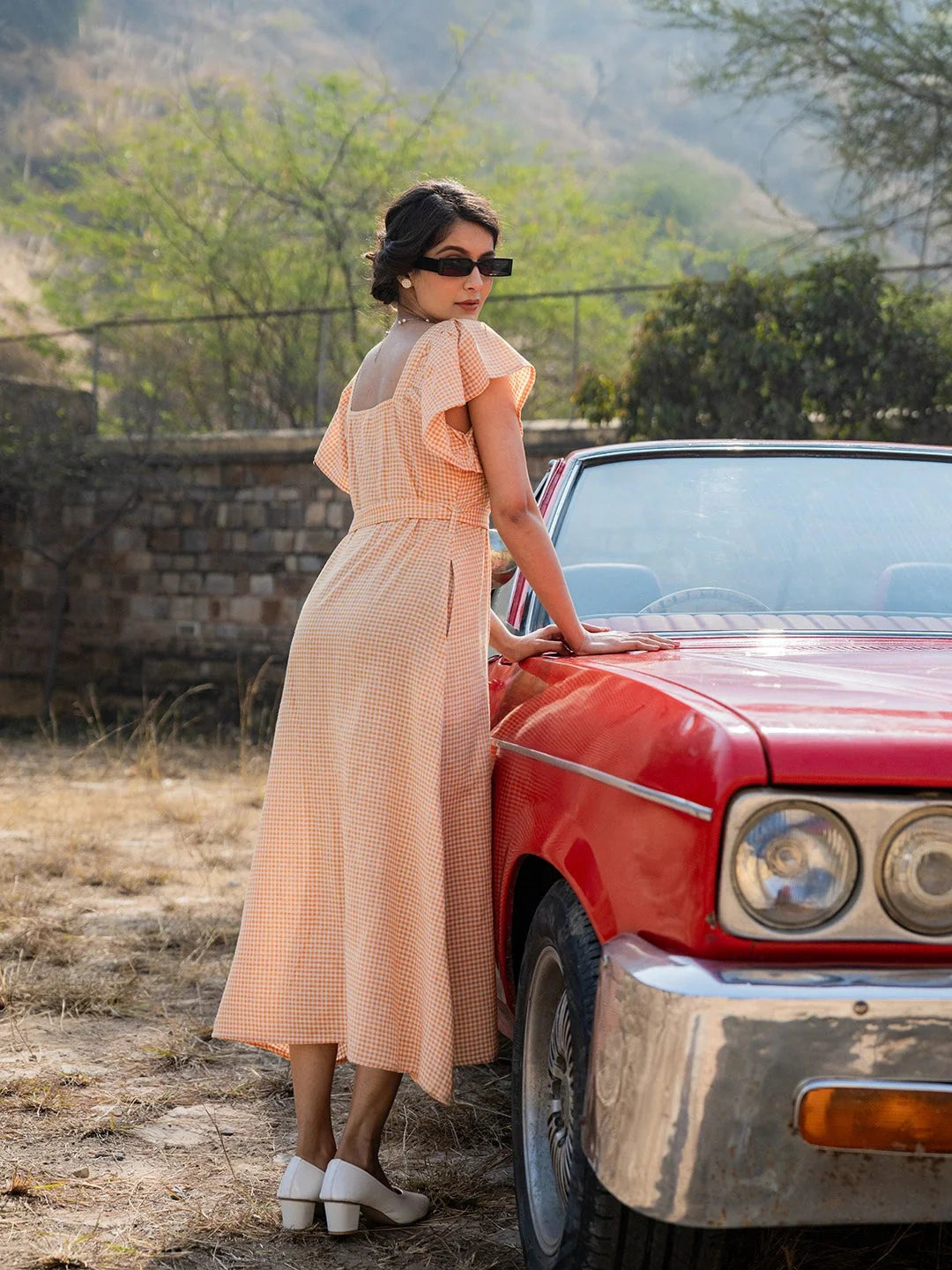 Orange-&-White-Checked-A-Line-Dress