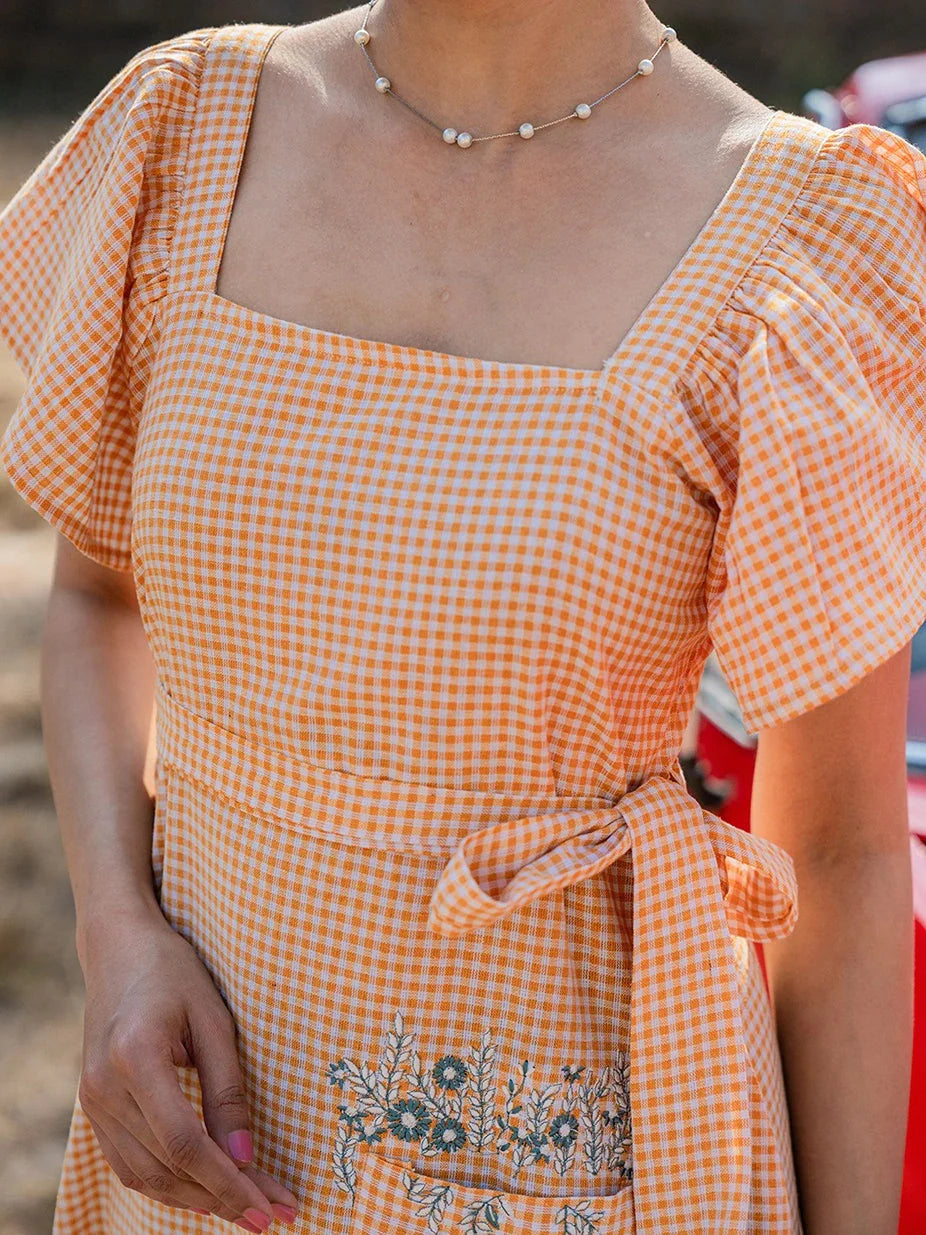 Orange-&-White-Checked-A-Line-Dress