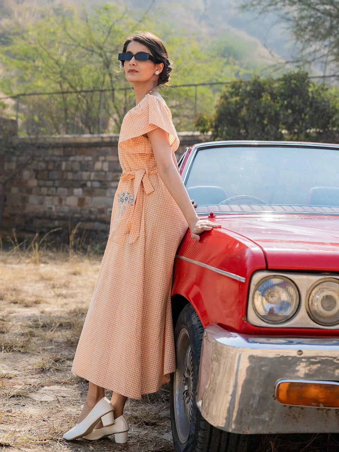 Orange-&-White-Checked-A-Line-Dress