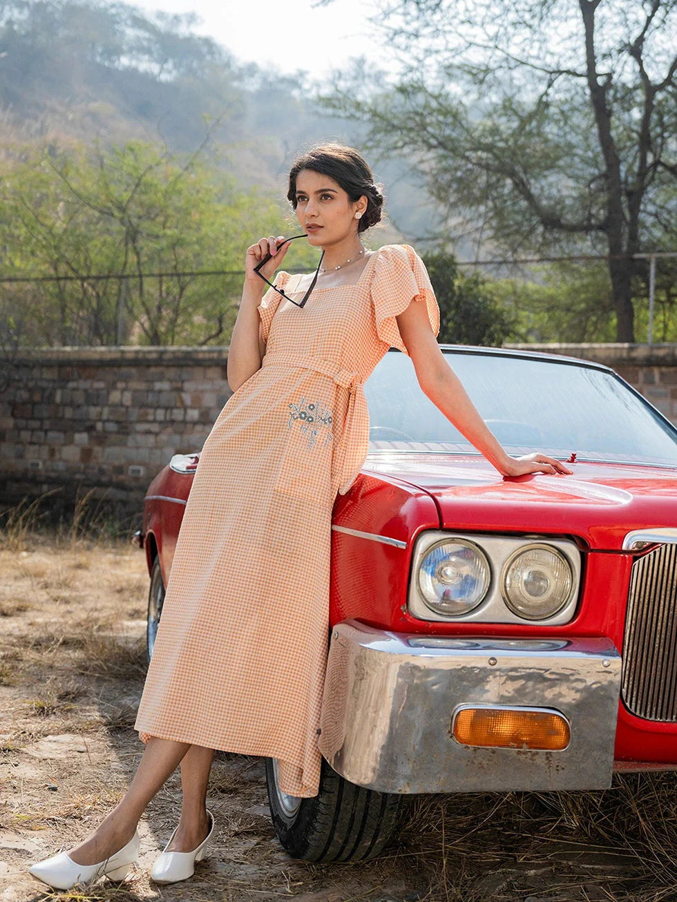 Orange-&-White-Checked-A-Line-Dress