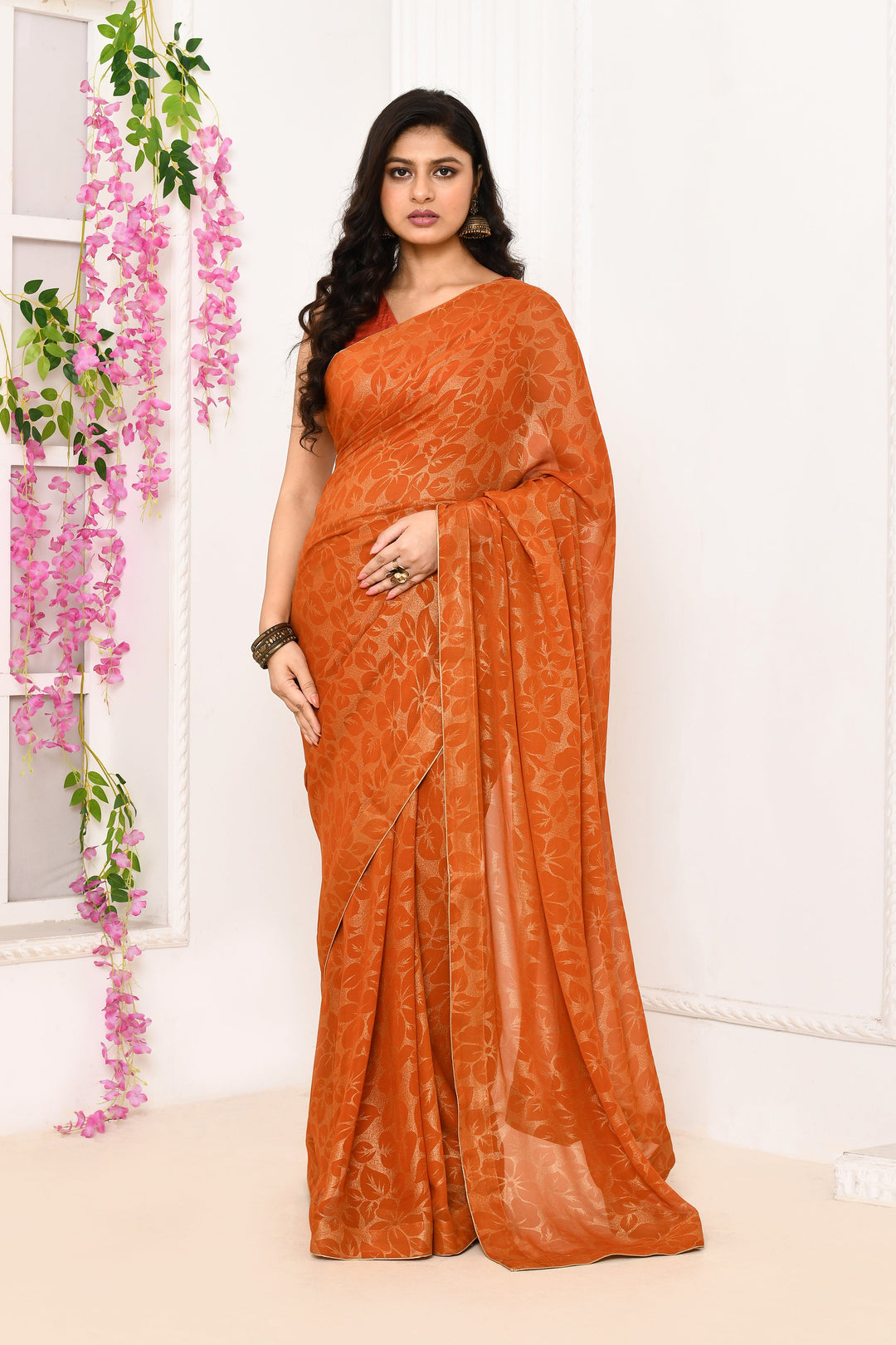 ZERESOUQ-Orange-Chiffon-Tissue-Saree-With-Golden-Self-Print