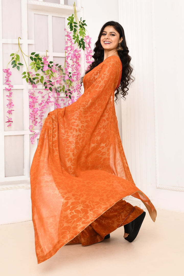 Orange-Chiffon-Tissue-Saree-With-Golden-Self-Print