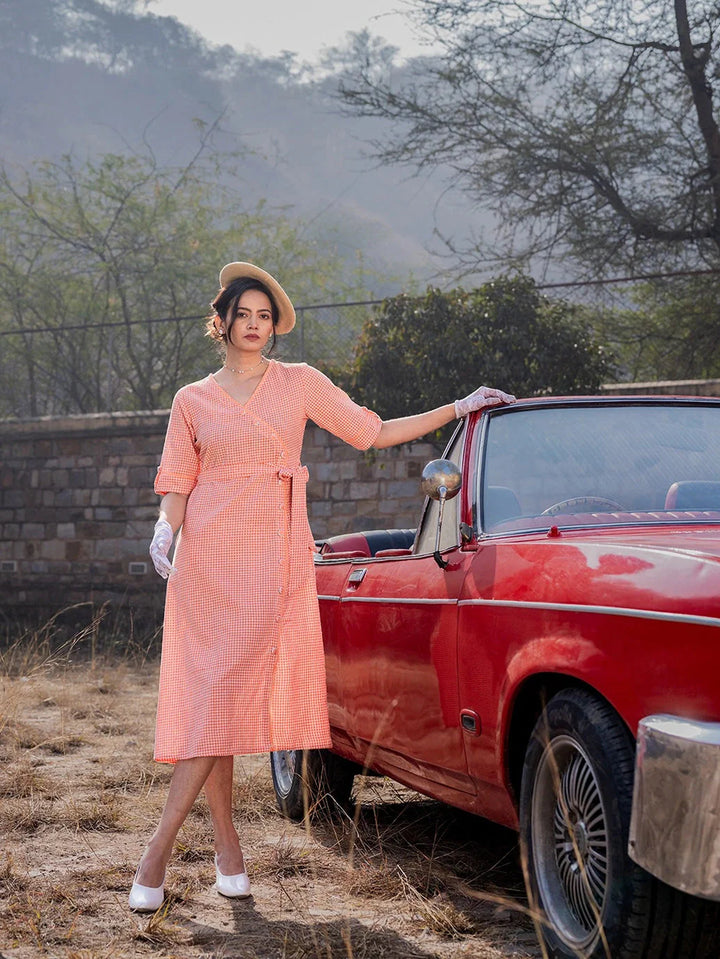 Orange-Cotton-Check-Comes-With-A-Belt-Dress