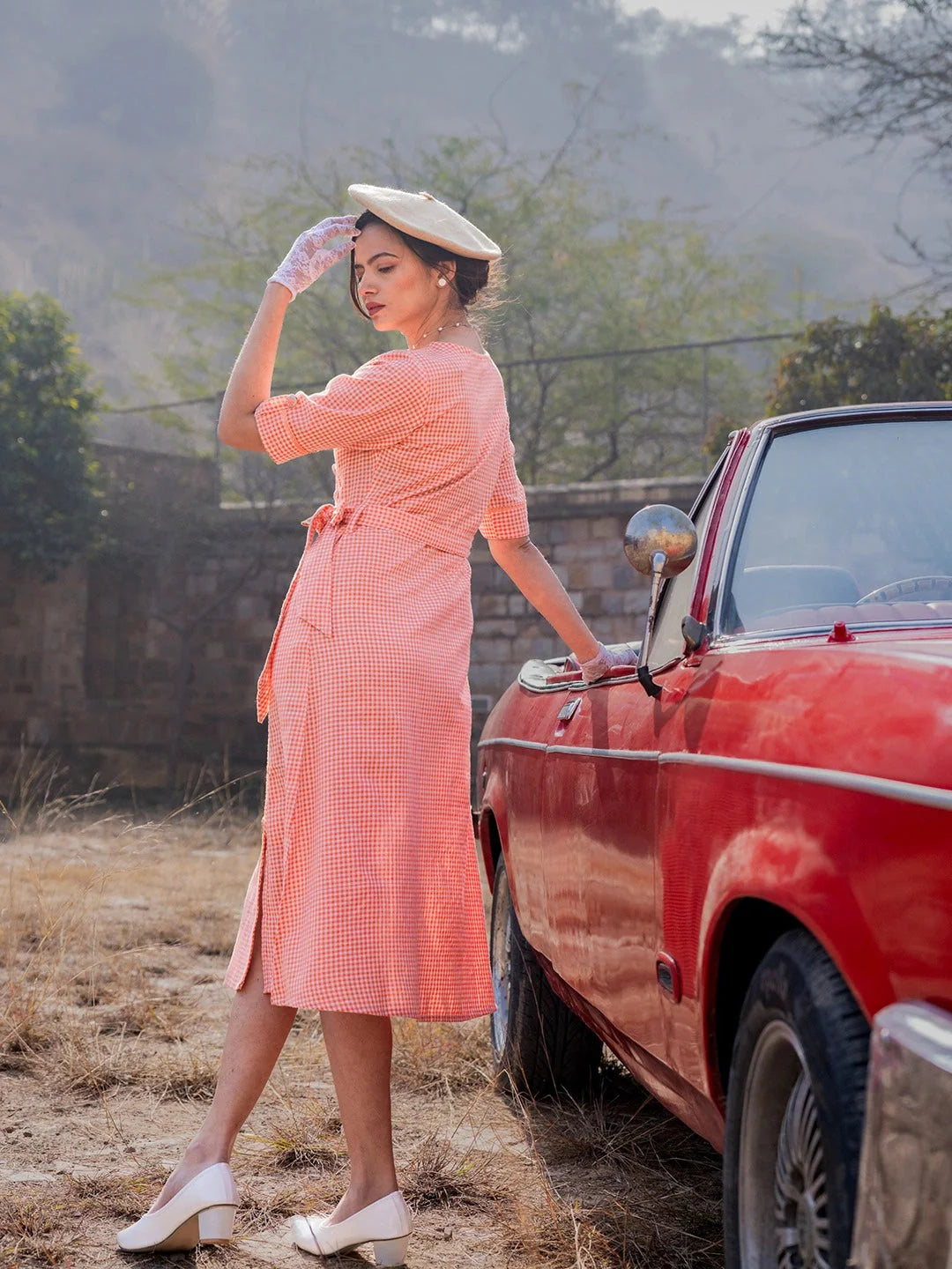 Orange-Cotton-Check-Comes-With-A-Belt-Dress