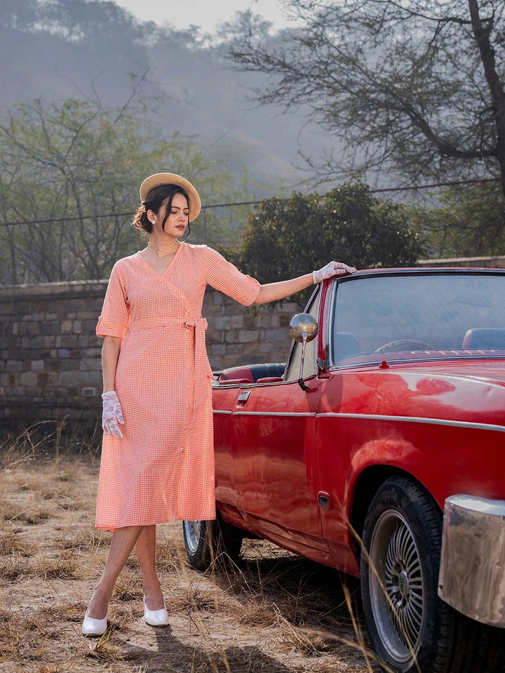 Orange-Cotton-Check-Comes-With-A-Belt-Dress