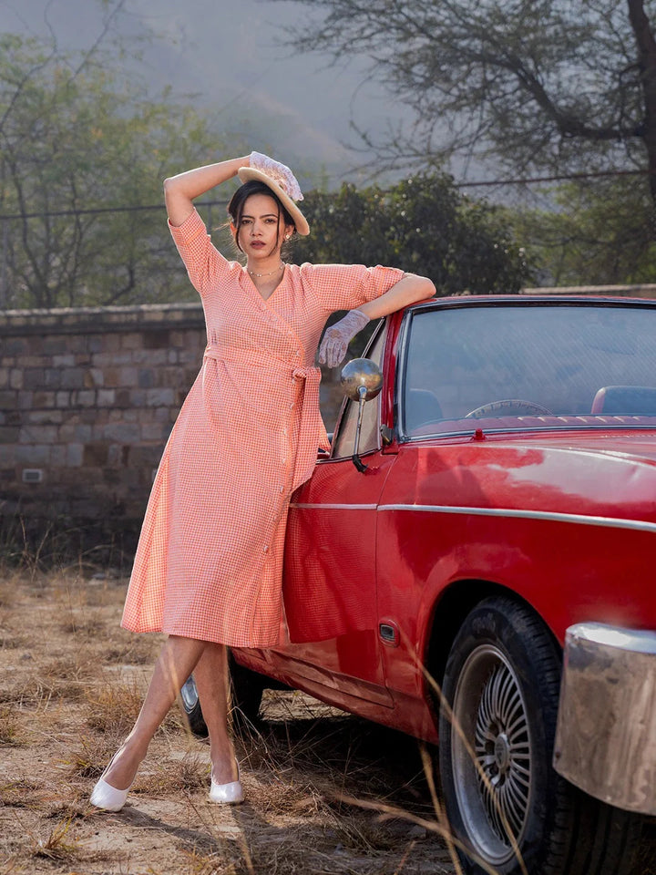 Orange-Cotton-Check-Comes-With-A-Belt-Dress