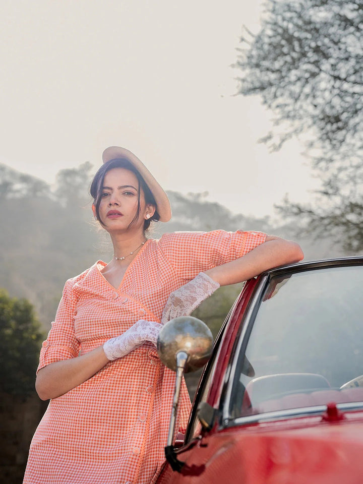 Orange-Cotton-Check-Comes-With-A-Belt-Dress