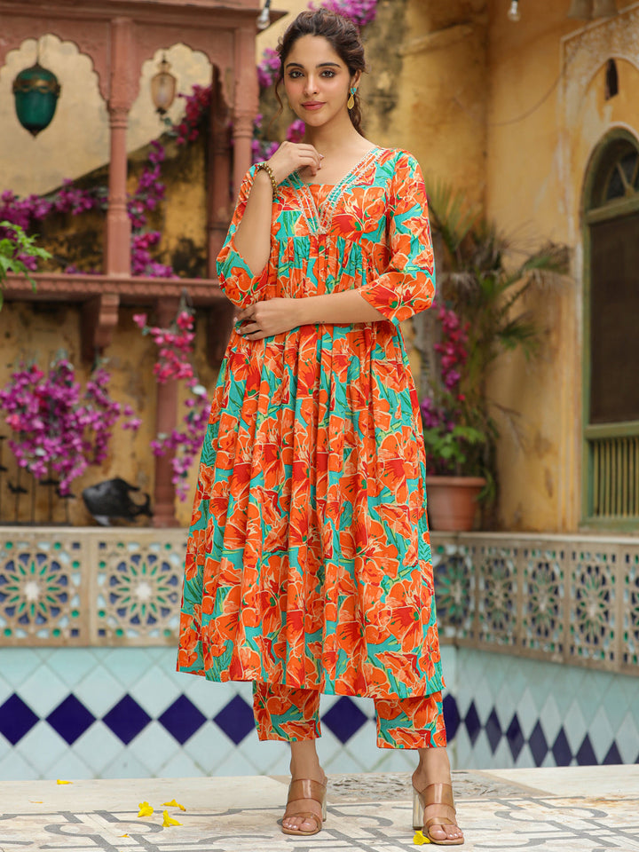 Orange-Cotton-Floral-2-Piece-Kurta-Set