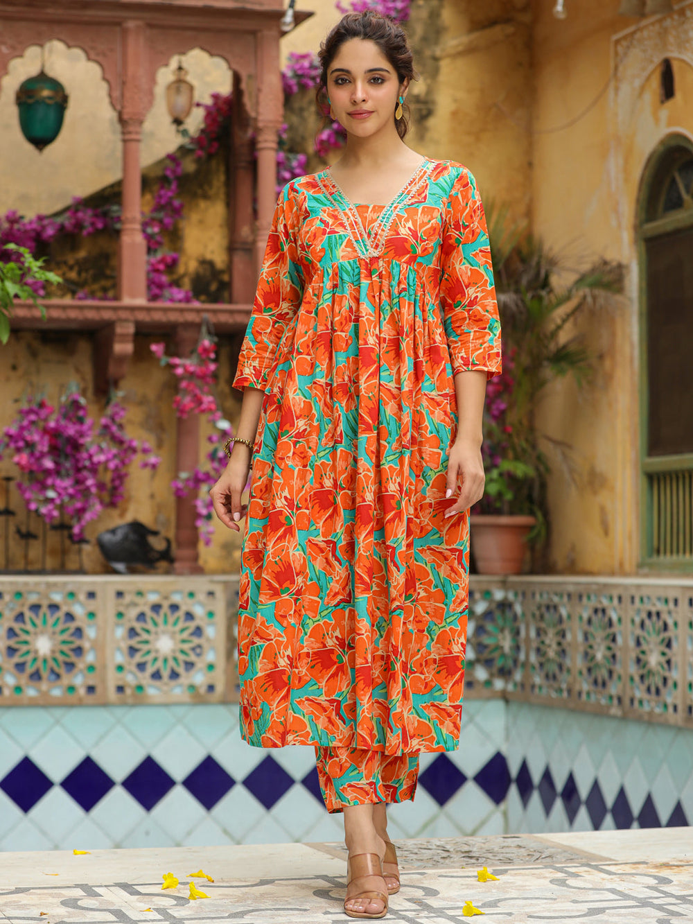 Orange-Cotton-Floral-2-Piece-Kurta-Set