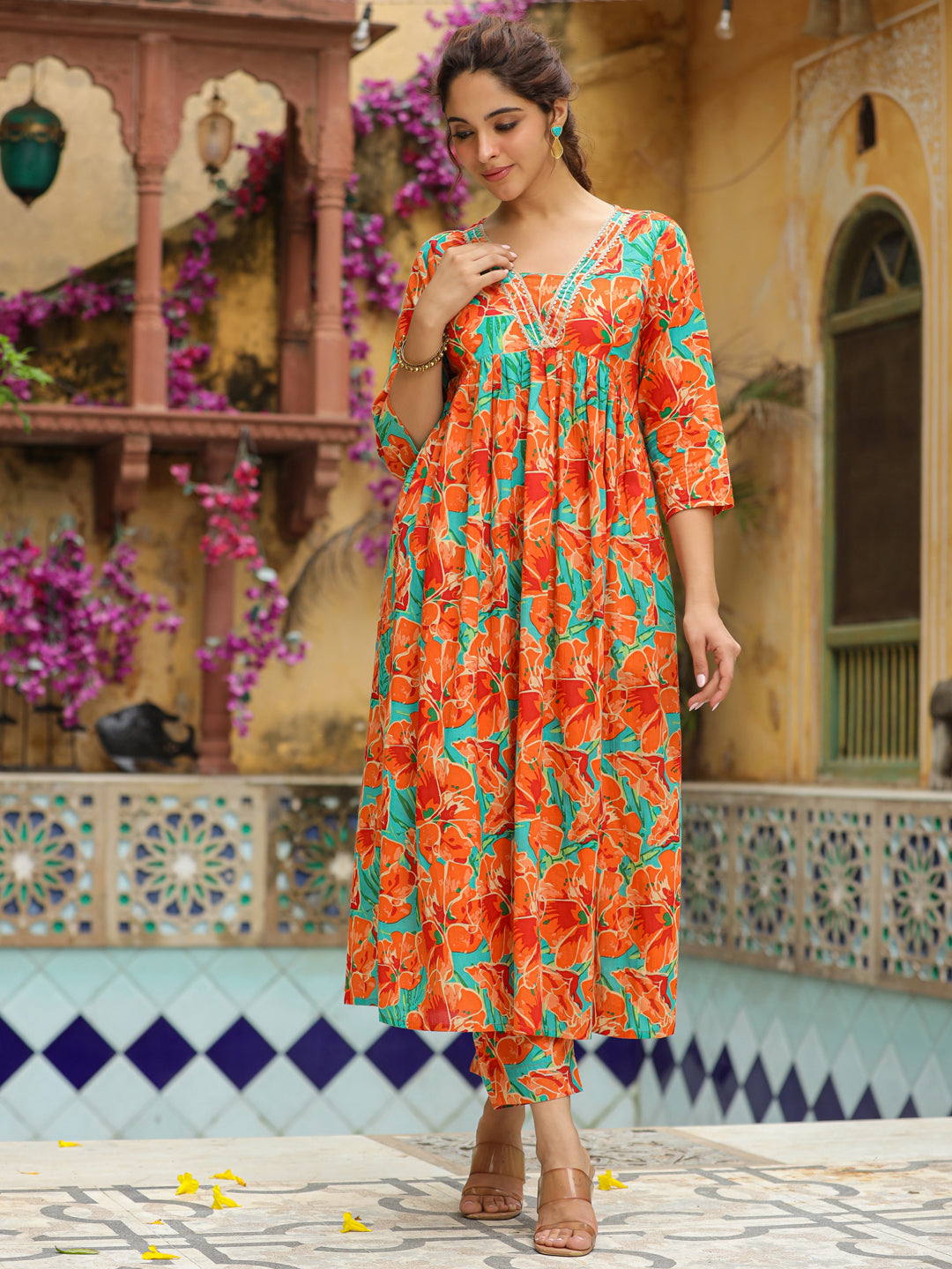 Orange-Cotton-Floral-2-Piece-Kurta-Set