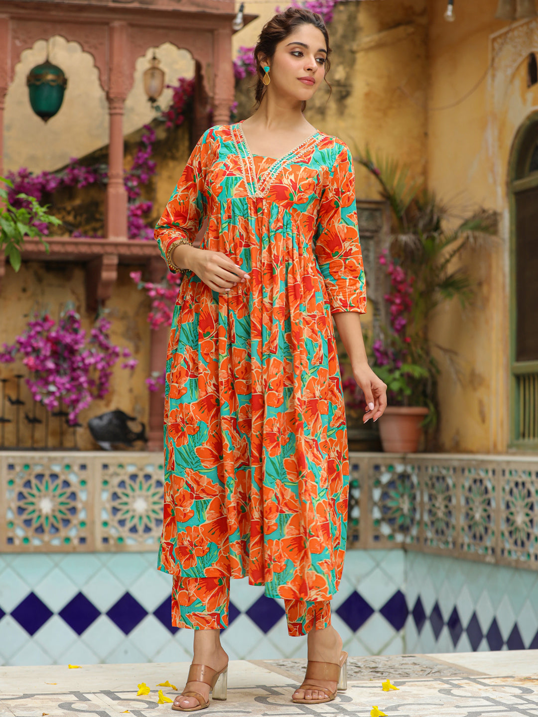 Orange-Cotton-Floral-2-Piece-Kurta-Set