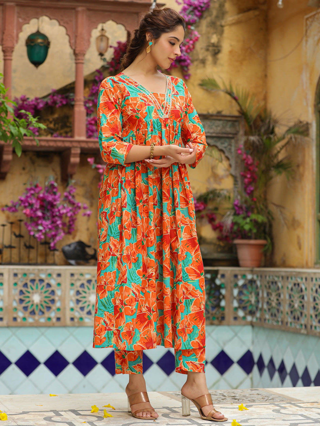 Orange-Cotton-Floral-2-Piece-Kurta-Set