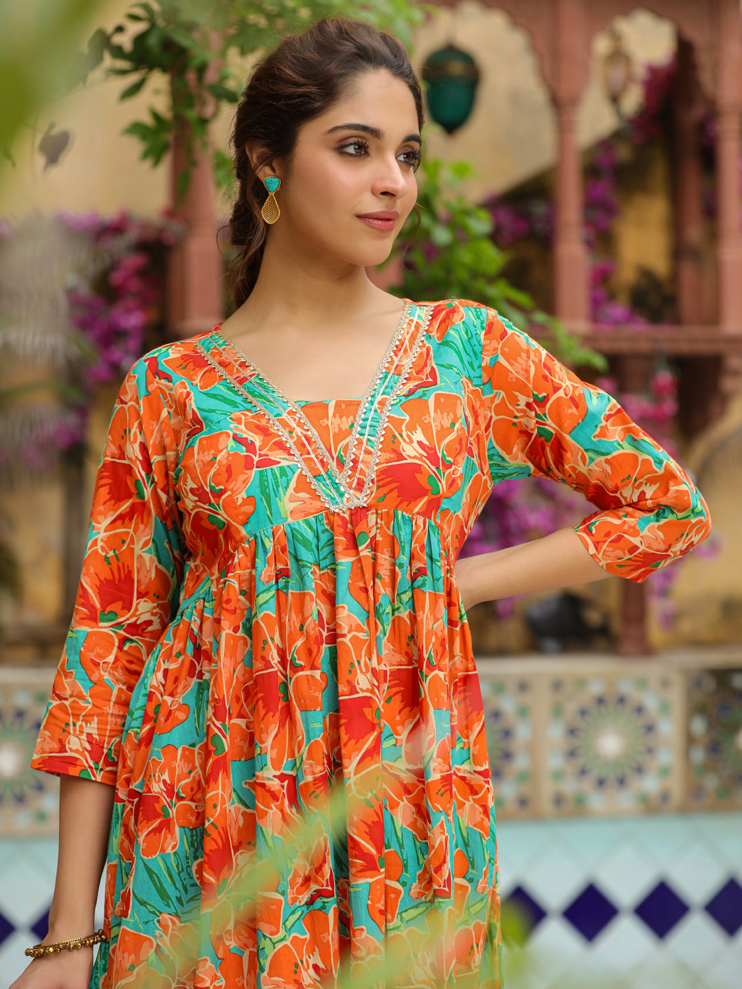 Orange-Cotton-Floral-2-Piece-Kurta-Set