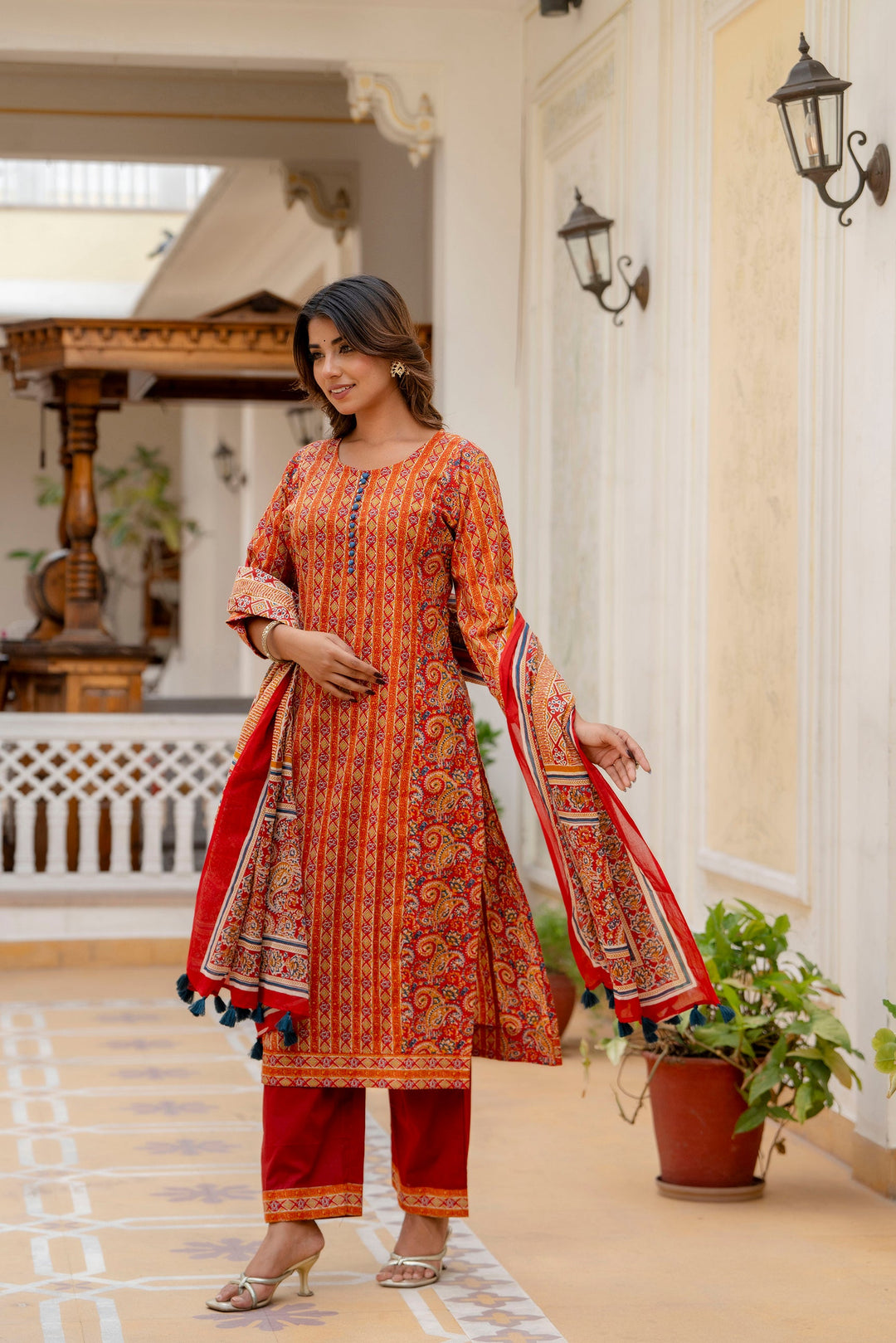 Orange-Cotton-Printed-3-Piece-Kurta-Set