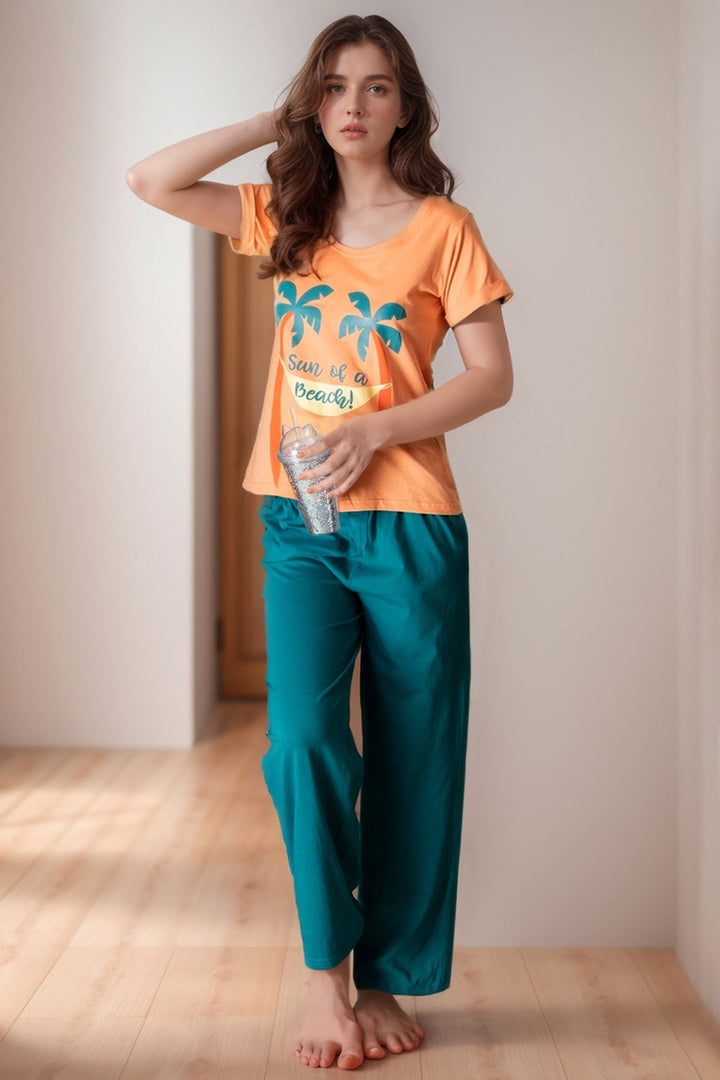 Orange-Cotton-Rich-Printed-Top-&-Pyjama