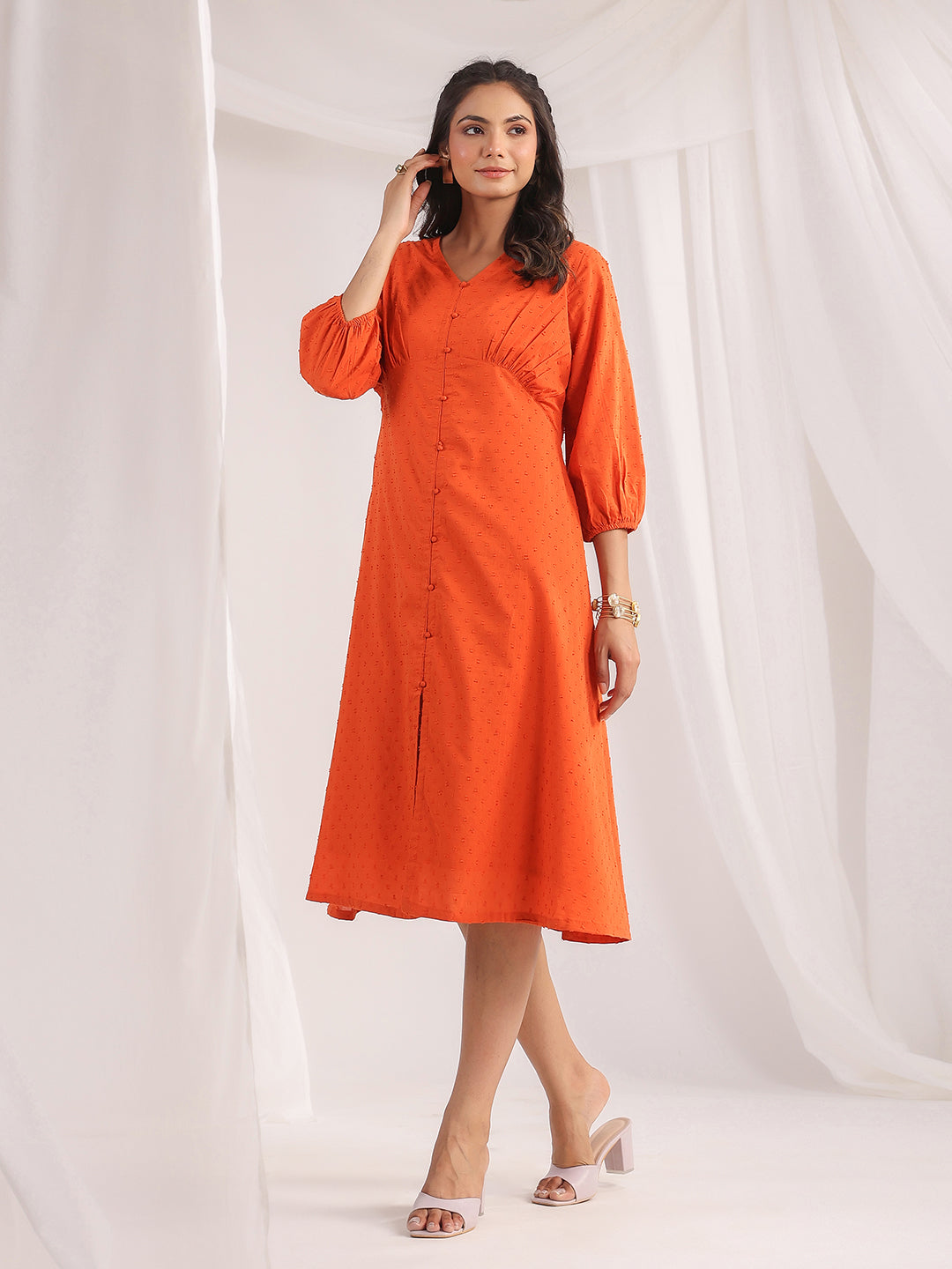 ZERESOUQ-Orange-Dobby-Cotton-Woven-Design-Dress