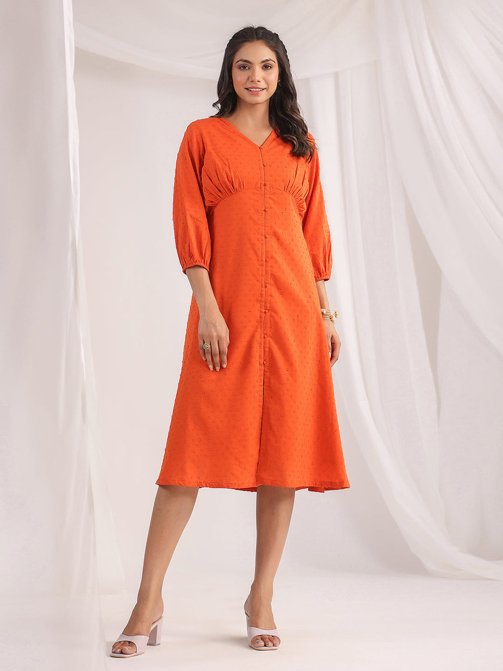 ZERESOUQ-Orange-Dobby-Cotton-Woven-Design-Dress