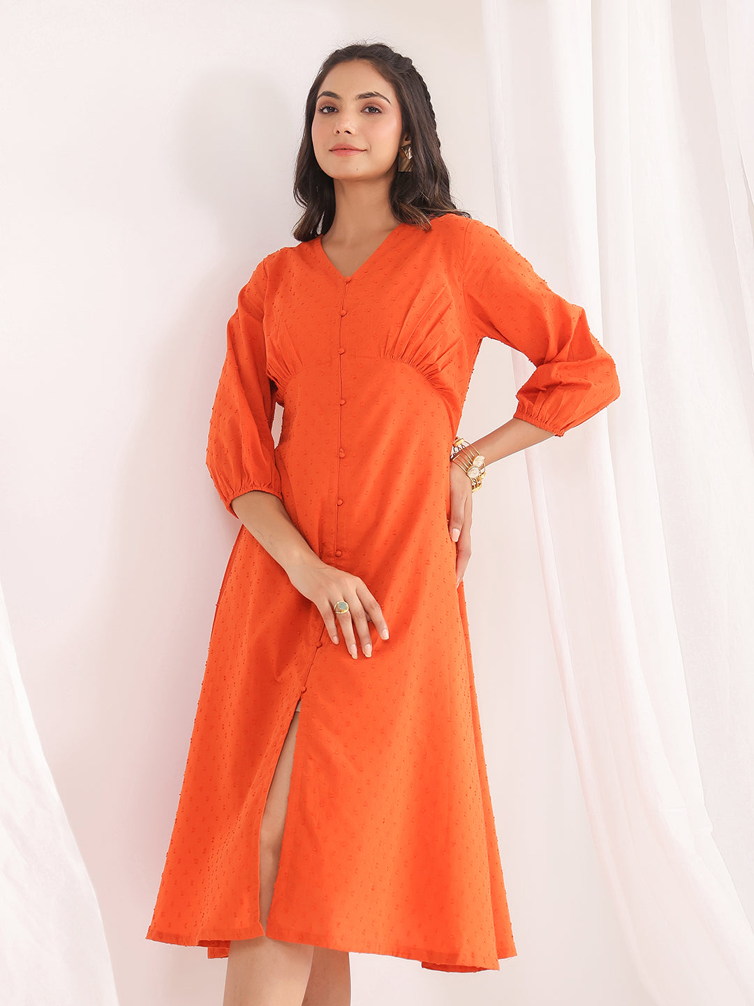 Orange-Dobby-Cotton-Woven-Design-Dress