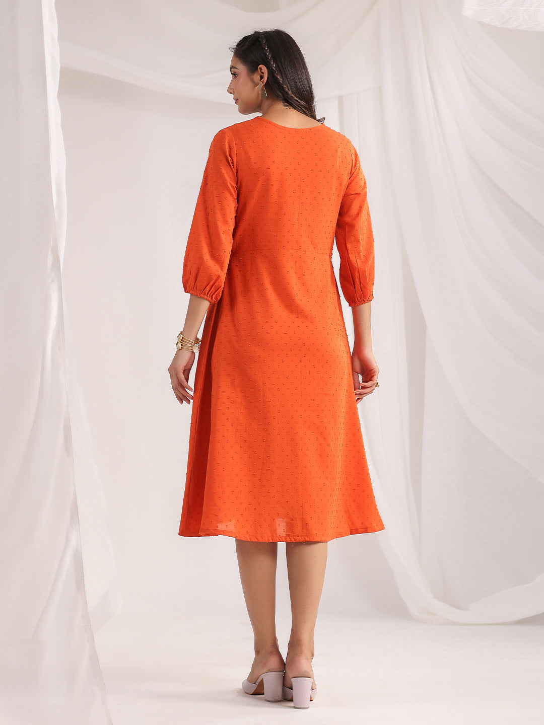 Orange-Dobby-Cotton-Woven-Design-Dress