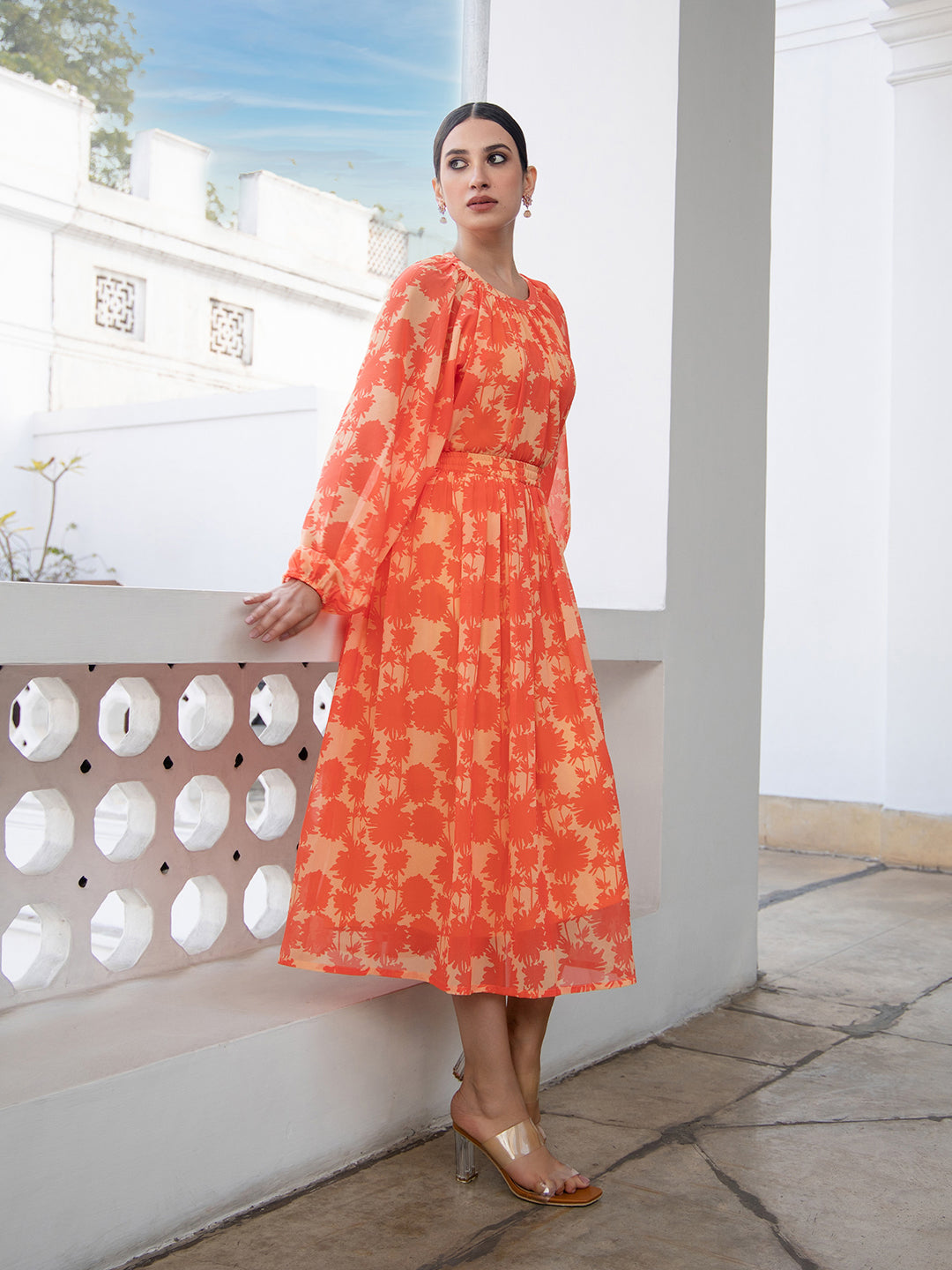 ZERESOUQ-Orange-Georgette-Printed-Balloon-Sleeves-Dress