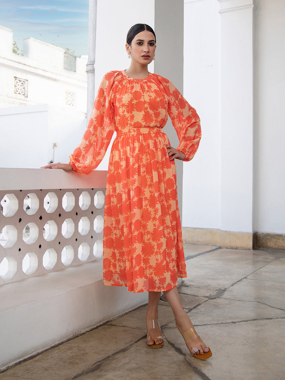 Orange-Georgette-Printed-Balloon-Sleeves-Dress