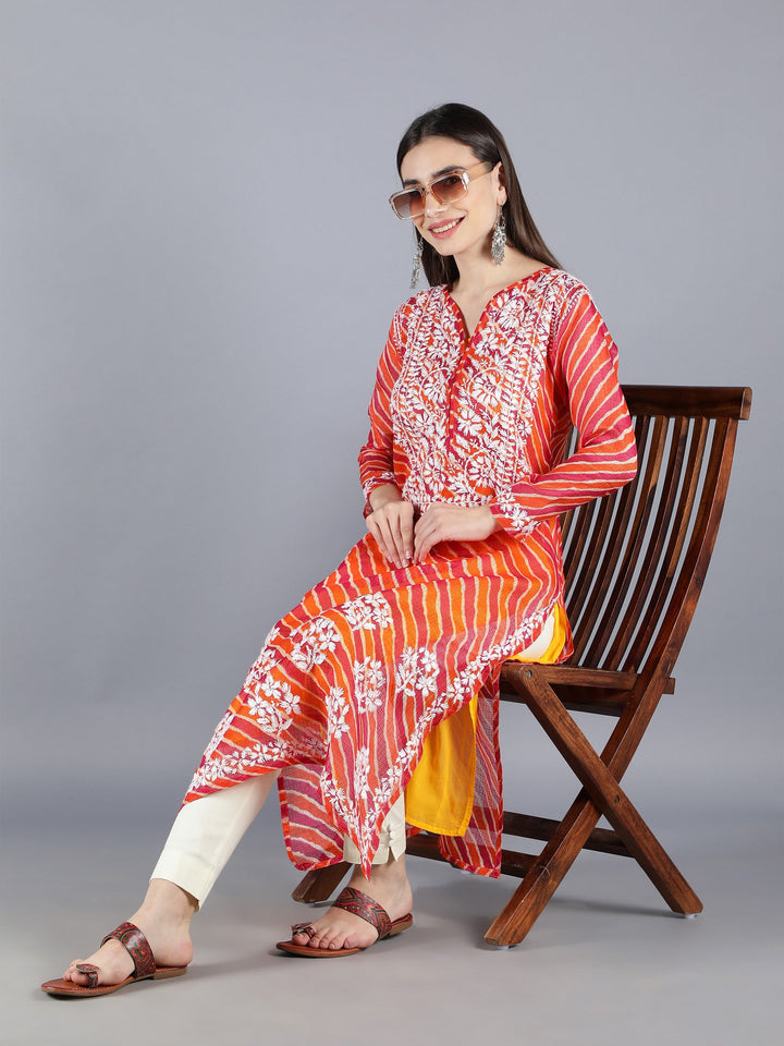 Orange Kota Leheriya Print Chikan Kurta Set