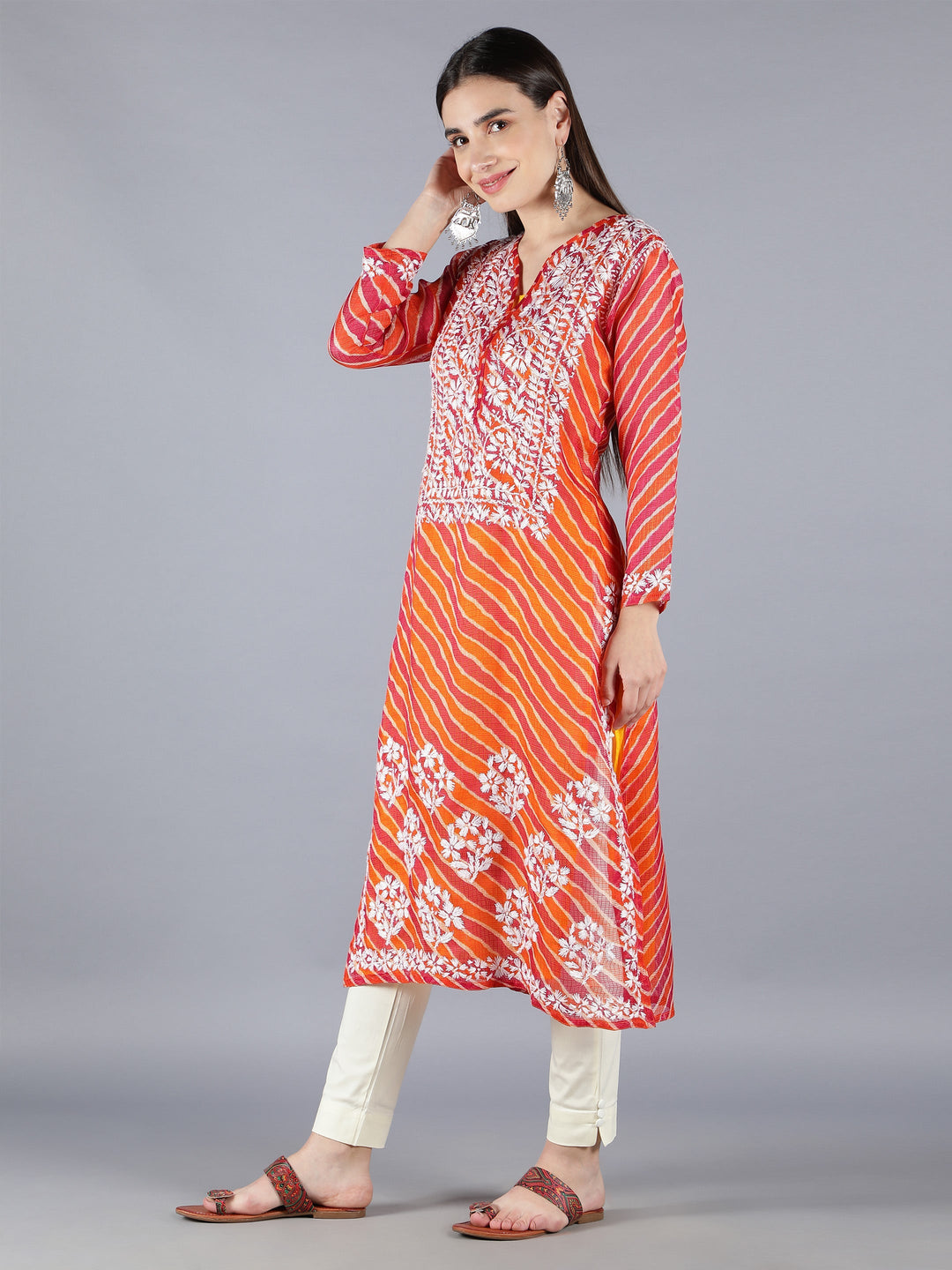 Orange Kota Leheriya Print Chikan Kurta Set