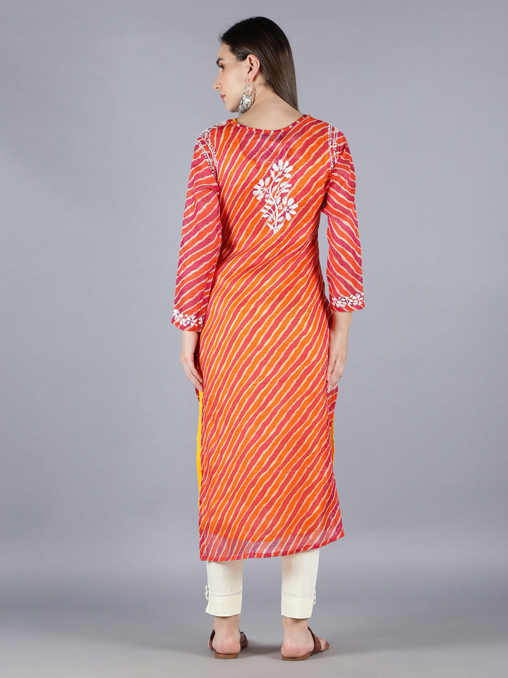 Orange Kota Leheriya Print Chikan Kurta Set