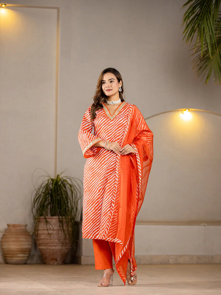 Orange-Cotton-Leheriya-Print-Straight-3-Piece-Kurta-Set