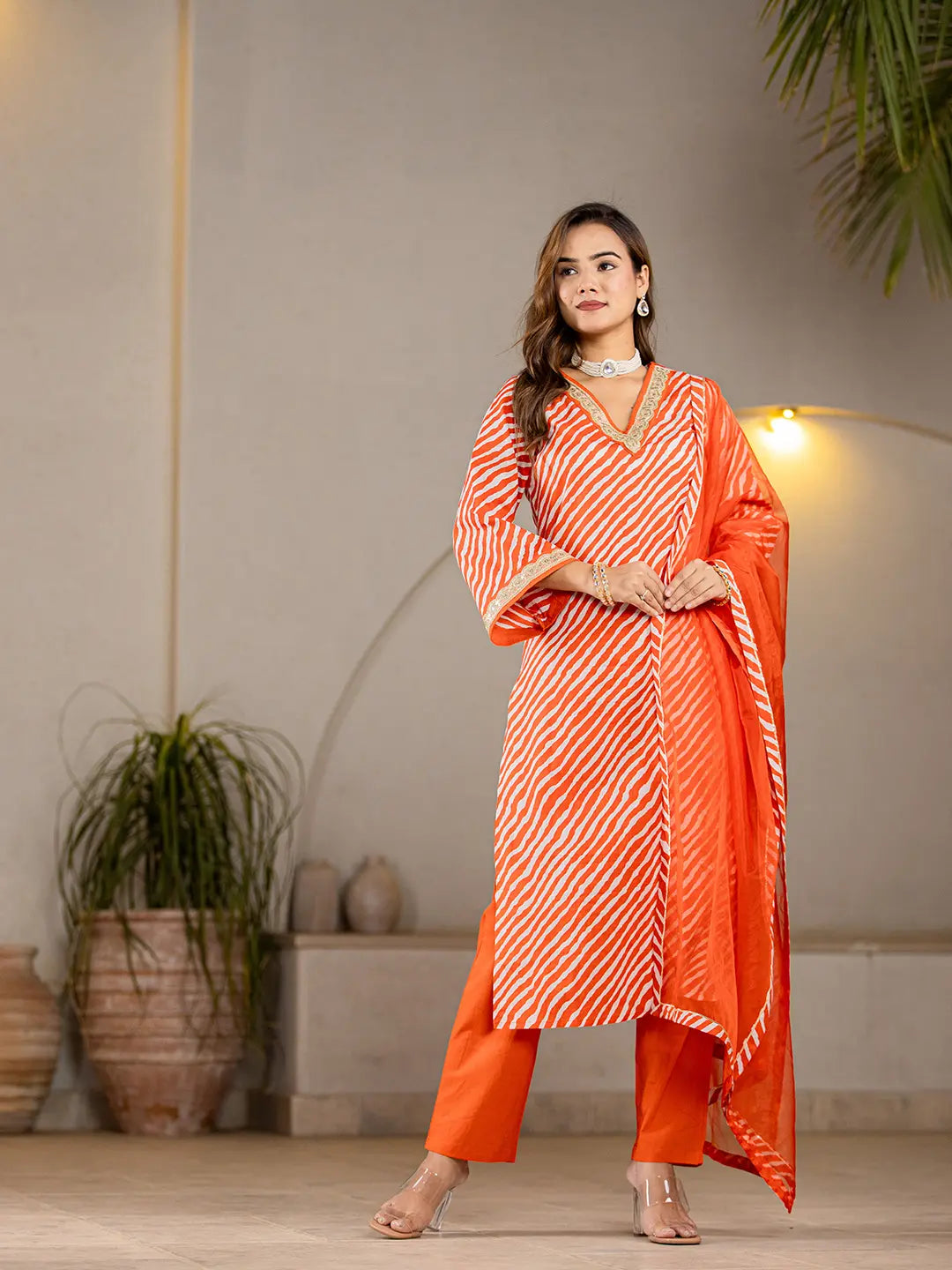 Orange-Cotton-Leheriya-Print-Straight-3-Piece-Kurta-Set